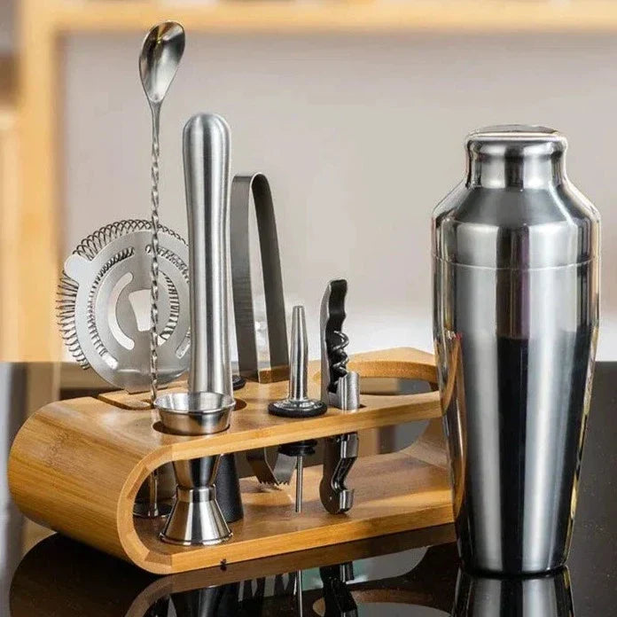 Set à Cocktail en Acier Inoxydable avec Support en Bambou