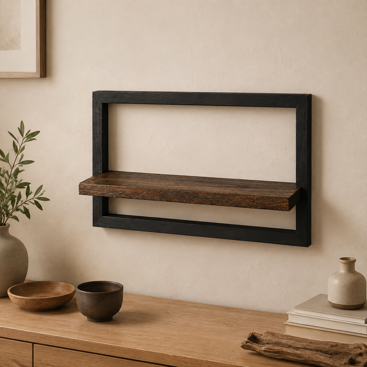 Étagère murale – Bois d'Acacia massif avec cadre en acier vintage pour salon ou hall