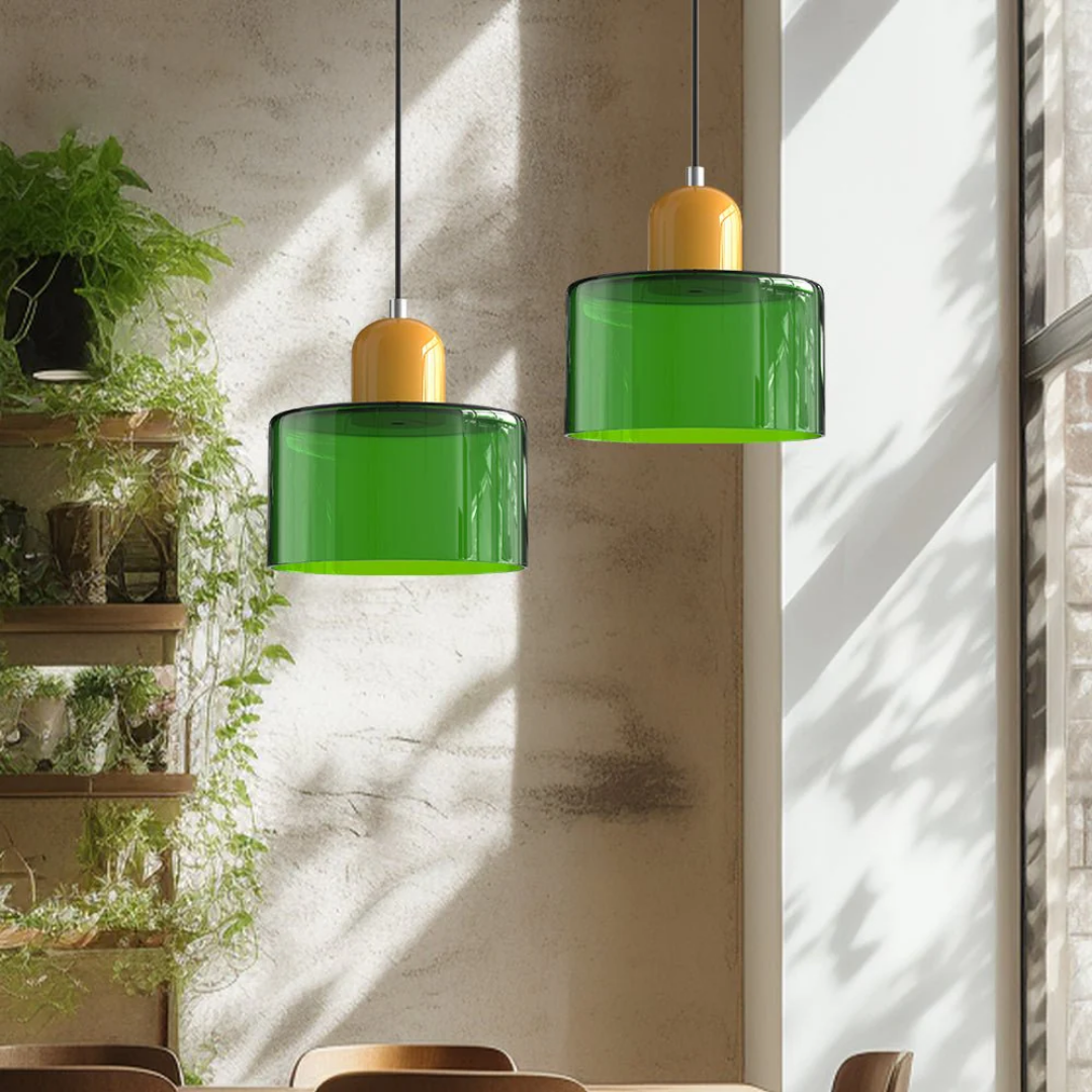Retro pendant light – Dark green and orange glass shade for a dining table or reading nook, adjustable length up to 150 cm