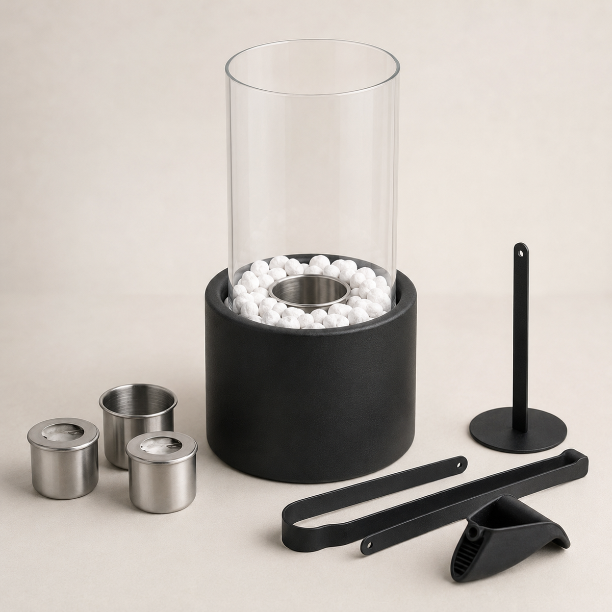 Tabletop Fireplace – Black metal with clear glass, modern and minimalist, for the living room or patio