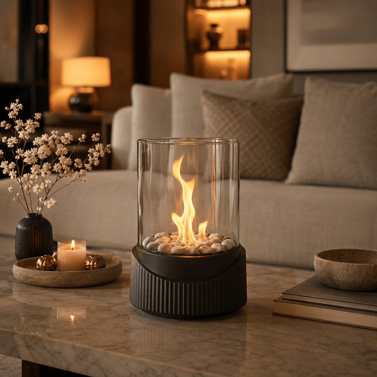 Tabletop Fireplace – Black metal with clear glass, modern and minimalist, for the living room or patio