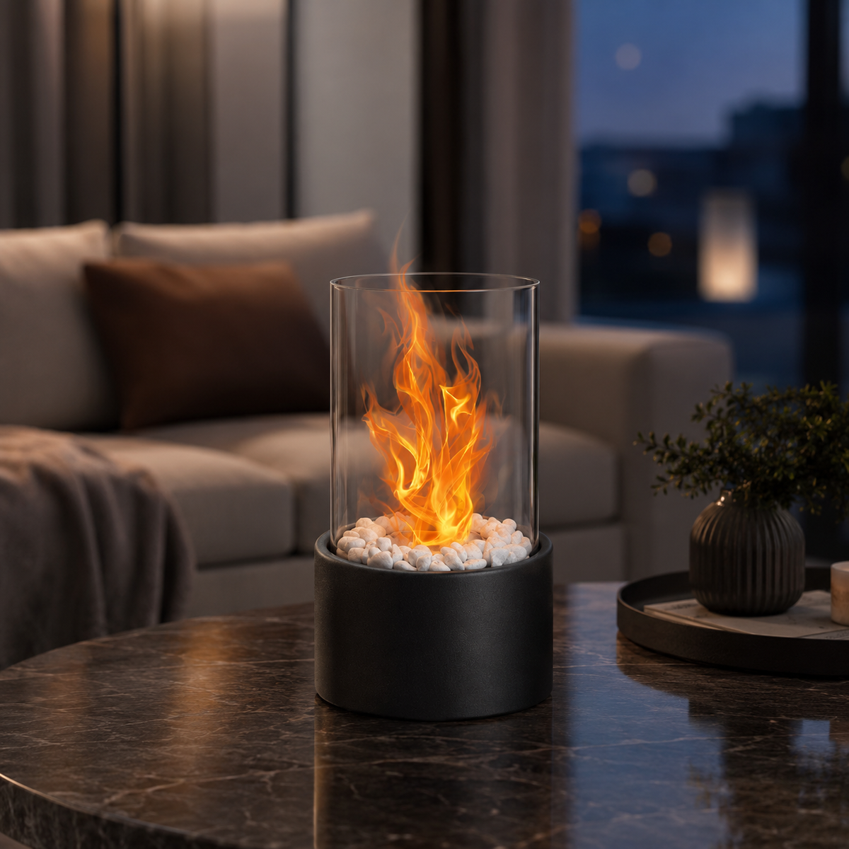 Tabletop Fireplace – Black metal with clear glass, modern and minimalist, for the living room or patio