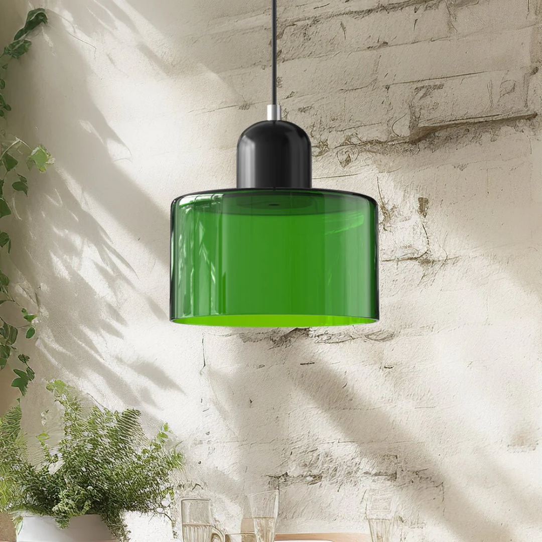 Retro pendant light – Dark green and orange glass shade for a dining table or reading nook, adjustable length up to 150 cm