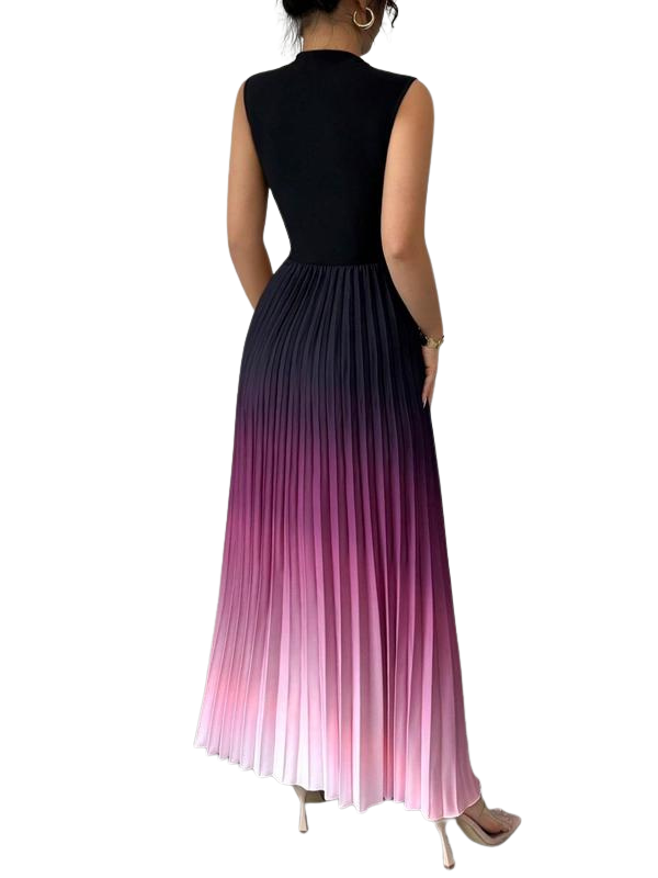 Robe Longue Plissée Femme, Col Montant Sans Manches