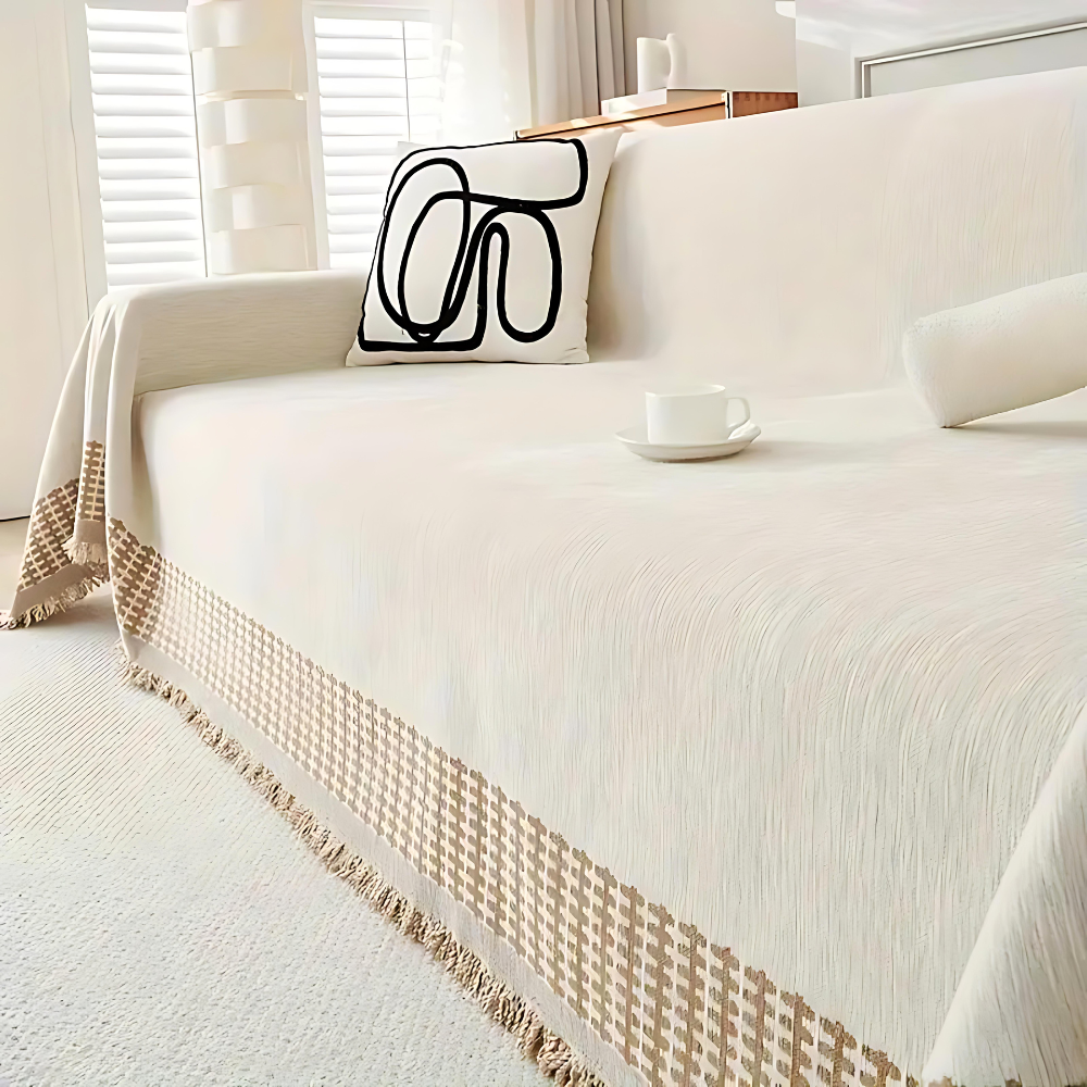 Housse de canapé – Coton chenille, design jacquard avec pampilles pour salon ou chambre