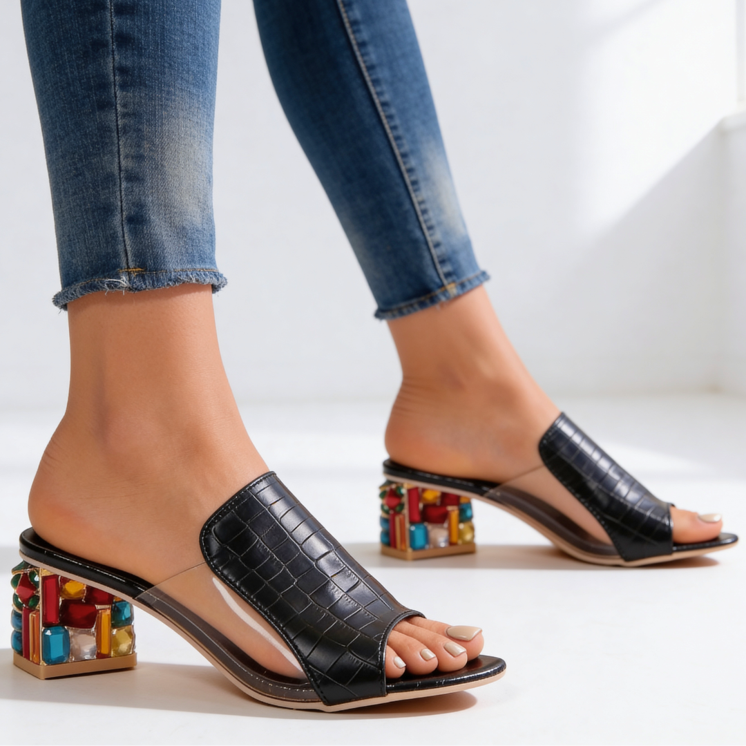 Mules Talon Bijou Femme - Talon Bloc Strass Multicolore