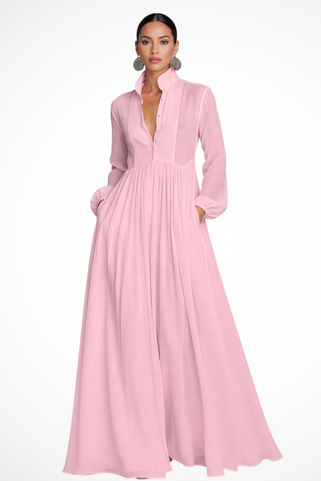 Robe Longue Femme Manches Longues Boutonnée avec Poches