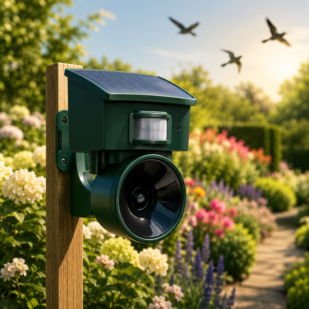 Motion-Activated Bird Repeller – Weatherproof, Black, for Gardens, Patios, or Balconies