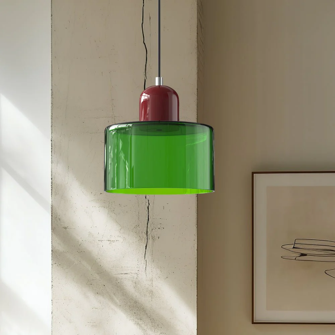 Retro pendant light – Dark green and orange glass shade for a dining table or reading nook, adjustable length up to 150 cm