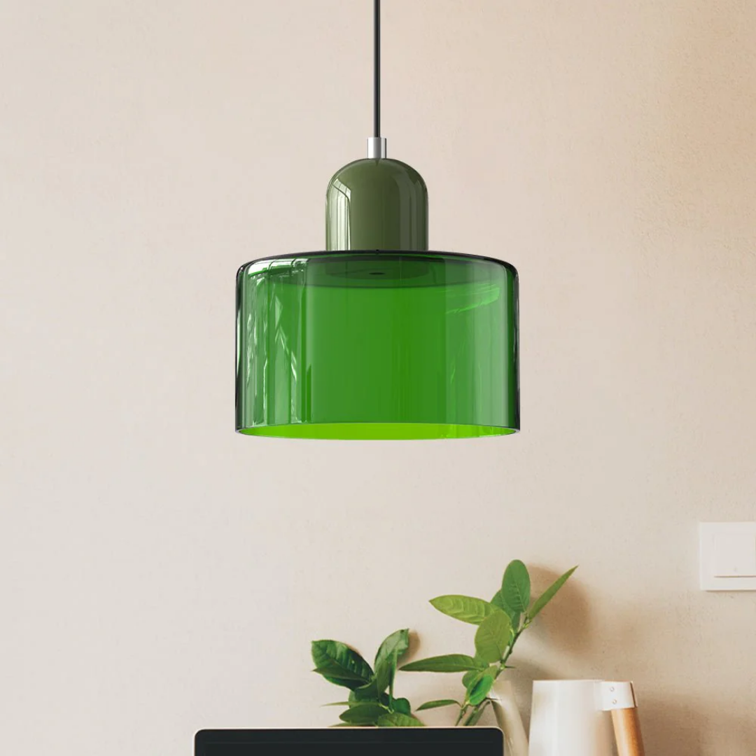 Retro pendant light – Dark green and orange glass shade for a dining table or reading nook, adjustable length up to 150 cm