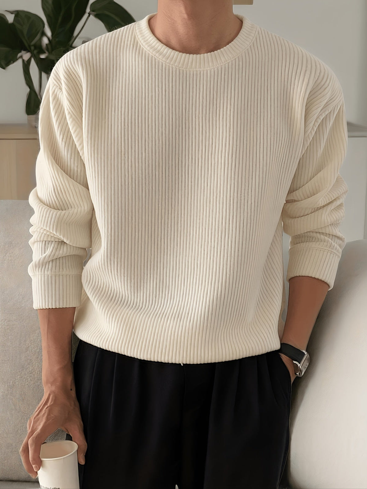 Pull Homme Col Rond Côtelé Coupe Ample