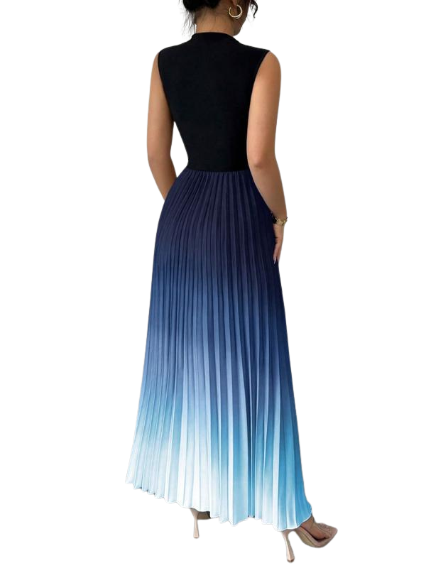 Robe Longue Plissée Femme, Col Montant Sans Manches