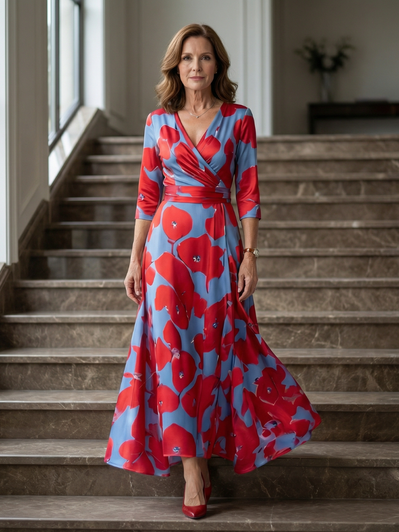 Robe Midi Cache-Cœur Fleurie Manches 3/4