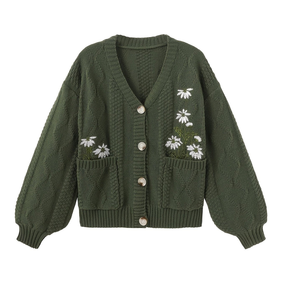 Winsome™ | Women's Floral Embroidered V-Neck Button Cardigan