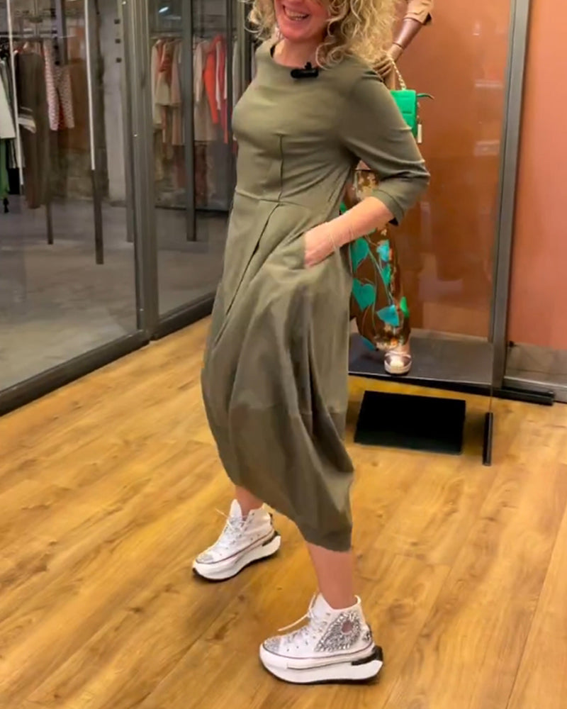 Robe Femme Col Rond à Manches 3/4, Coupe Ajustée