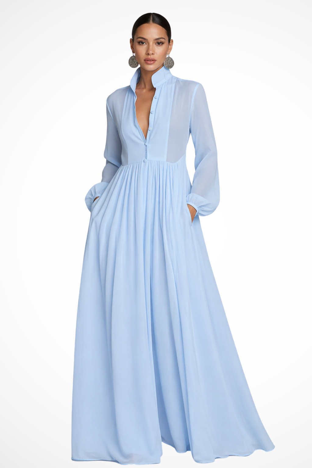 Robe Longue Femme Manches Longues Boutonnée avec Poches