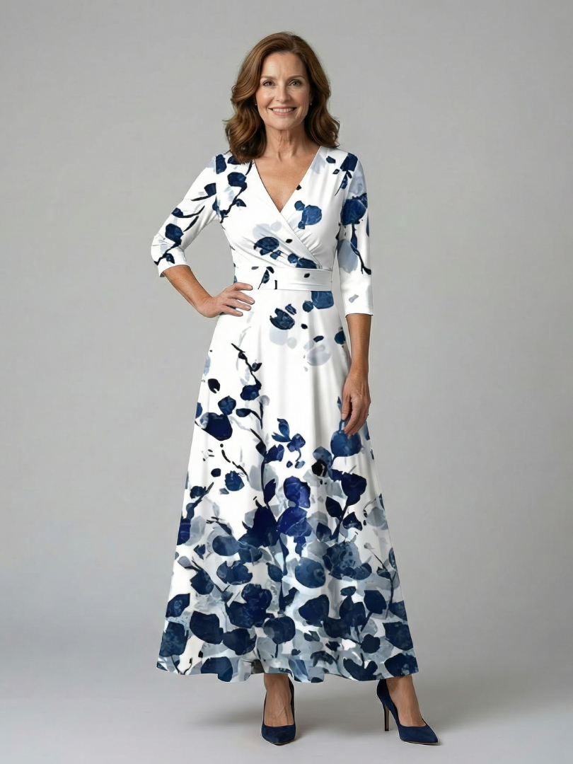 Robe Midi Cache-Cœur Fleurie Manches 3/4