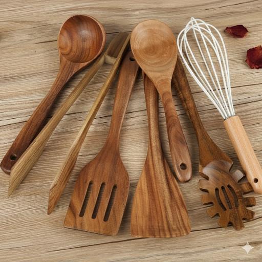 Ustensiles de Cuisine en Bois Naturel, Lot de 7 Pièces avec Manches Ergonomiques