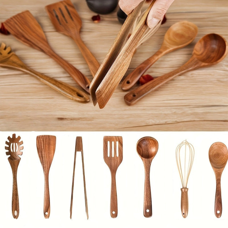 Ustensiles de Cuisine en Bois Naturel, Lot de 7 Pièces avec Manches Ergonomiques