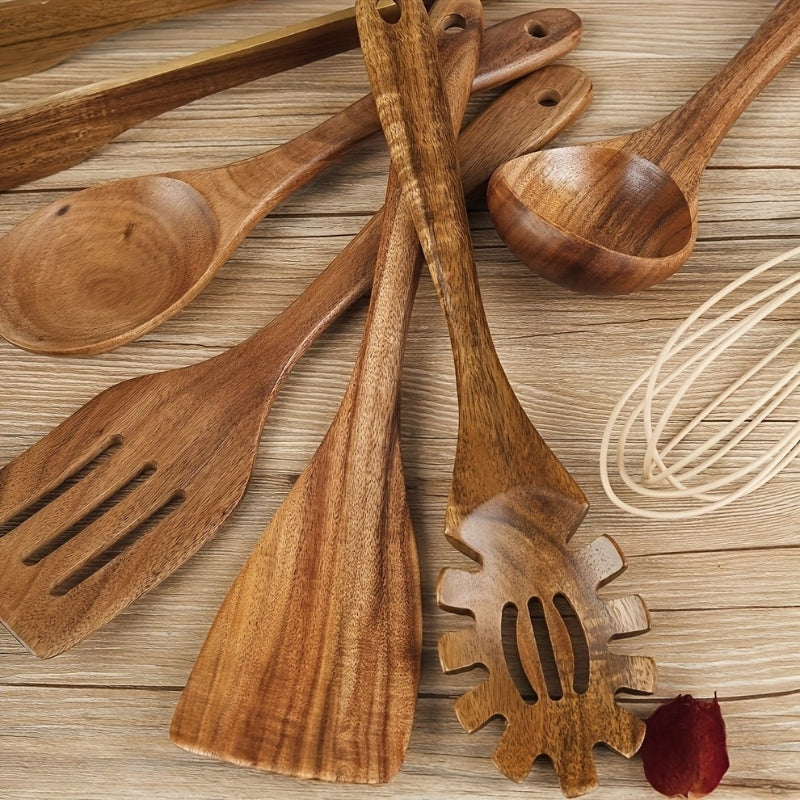 Ustensiles de Cuisine en Bois Naturel, Lot de 7 Pièces avec Manches Ergonomiques