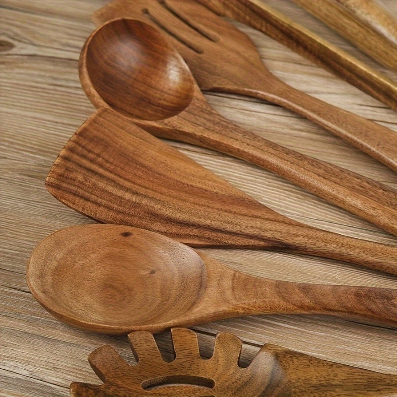 Ustensiles de Cuisine en Bois Naturel, Lot de 7 Pièces avec Manches Ergonomiques