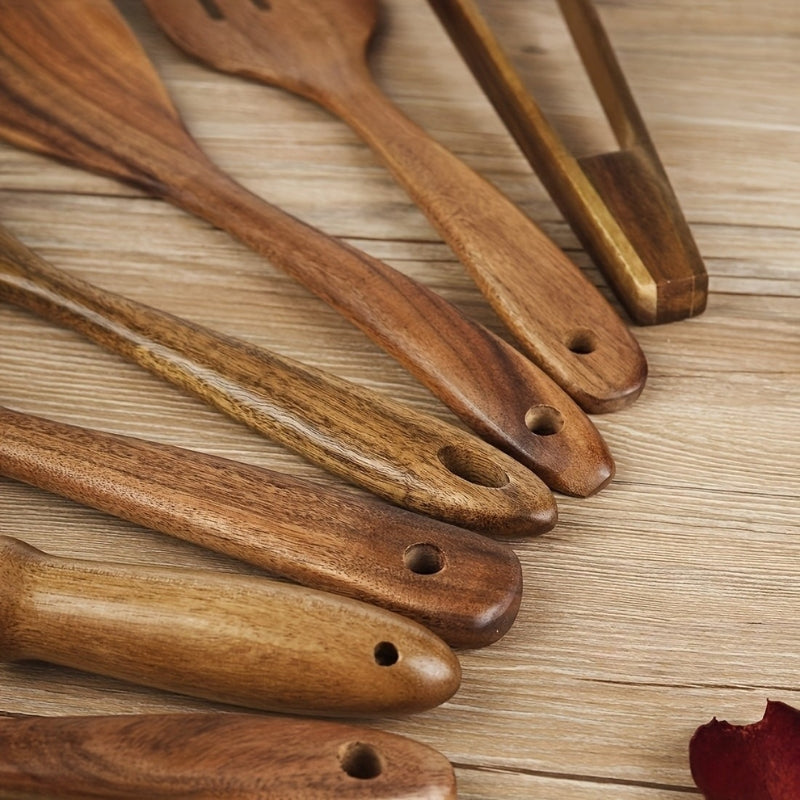 Ustensiles de Cuisine en Bois Naturel, Lot de 7 Pièces avec Manches Ergonomiques