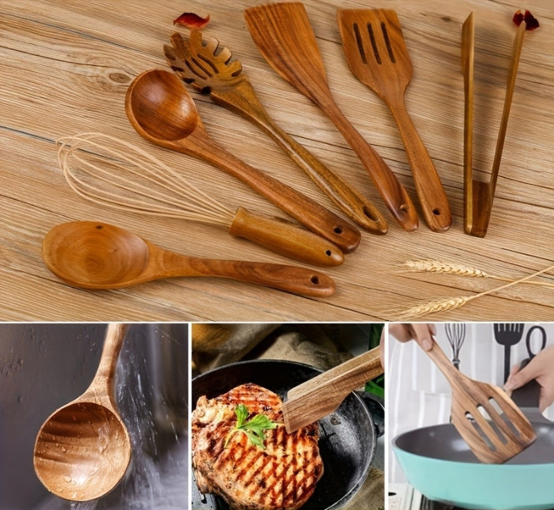 Ustensiles de Cuisine en Bois Naturel, Lot de 7 Pièces avec Manches Ergonomiques