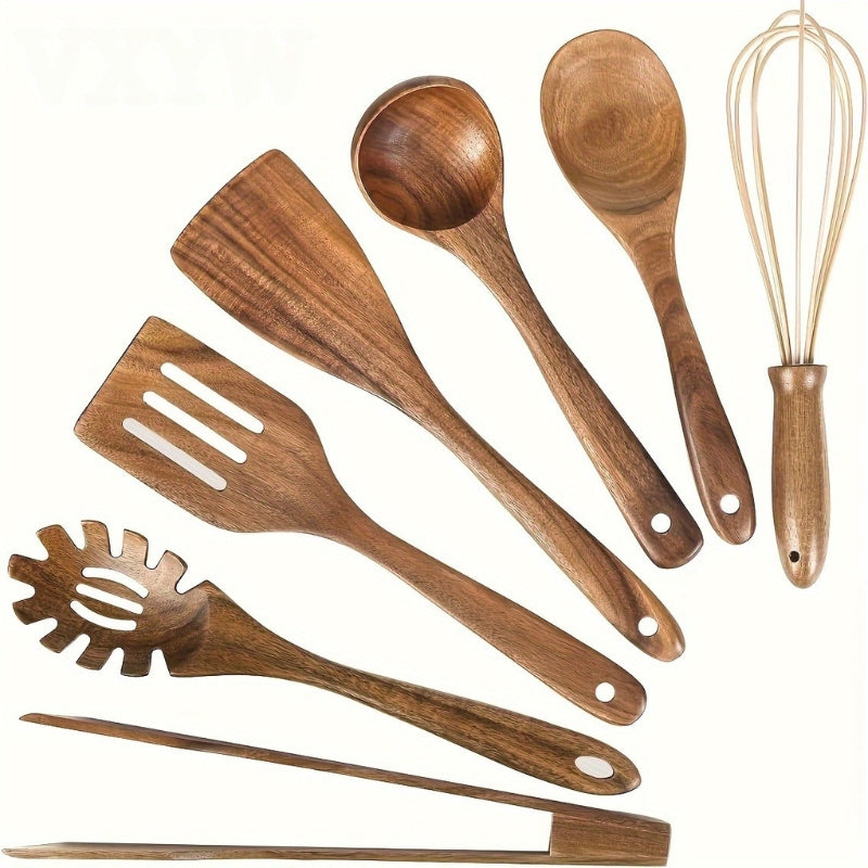 Ustensiles de Cuisine en Bois Naturel, Lot de 7 Pièces avec Manches Ergonomiques