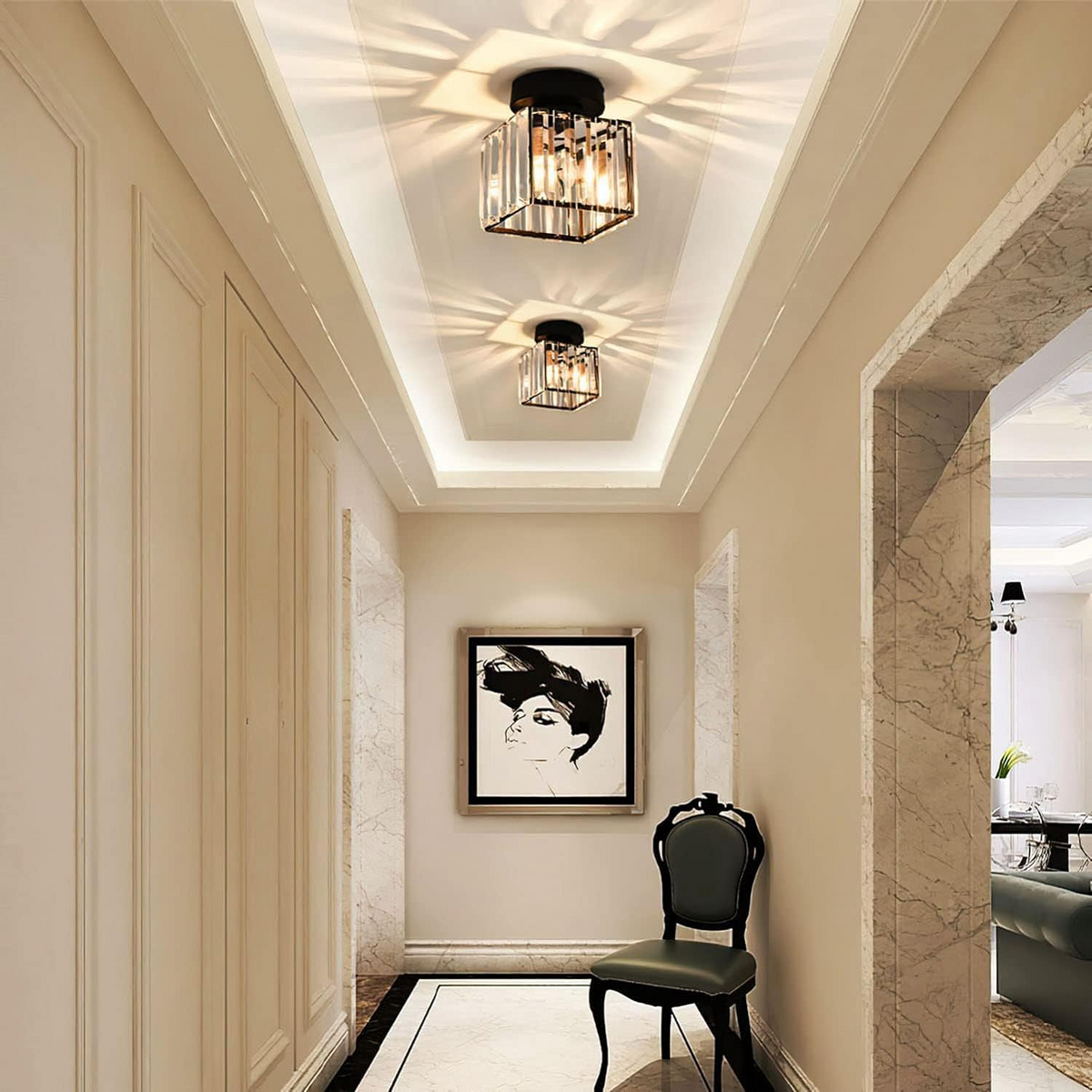 Plafonnier Design en Laiton et Cristal, Finition Noire