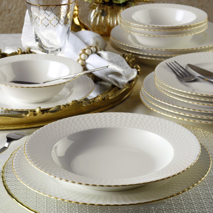 Juego de vajilla de porcelana – Blanco con detalles dorados, 24 piezas para 6 comensales, diseño moderno para la mesa del comedor