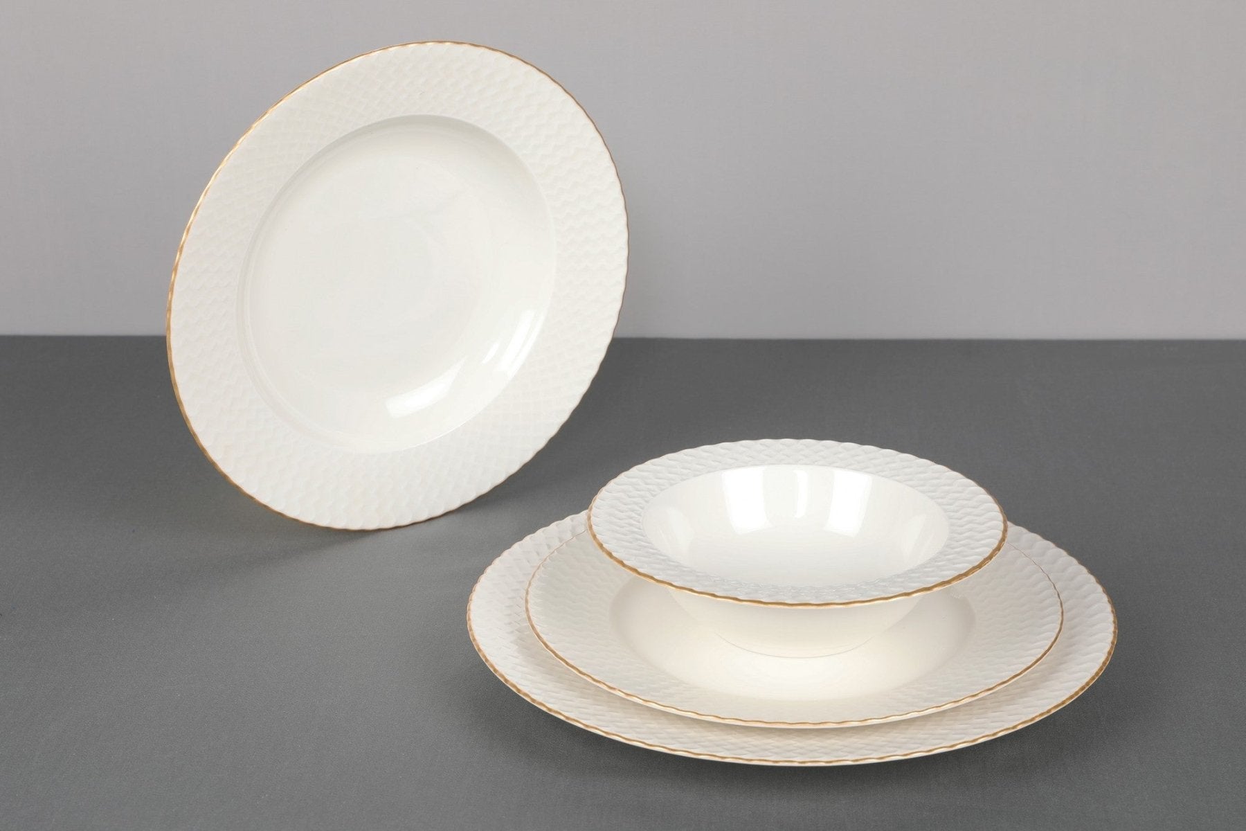 Juego de vajilla de porcelana – Blanco con detalles dorados, 24 piezas para 6 comensales, diseño moderno para la mesa del comedor
