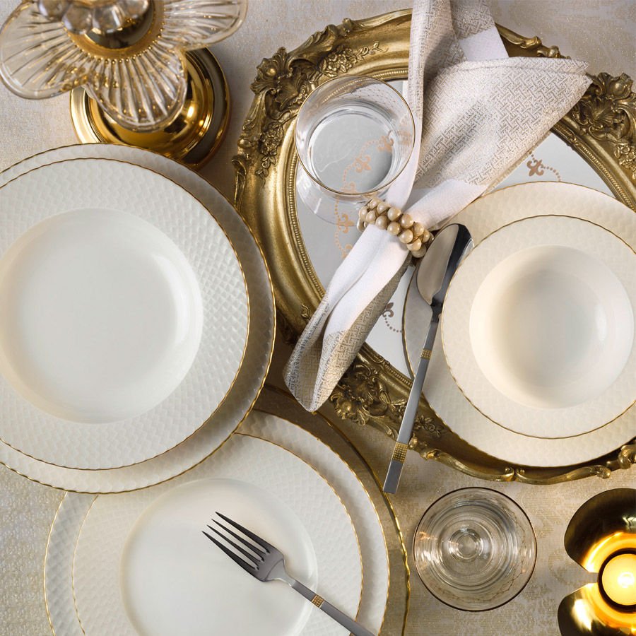 Juego de vajilla de porcelana – Blanco con detalles dorados, 24 piezas para 6 comensales, diseño moderno para la mesa del comedor
