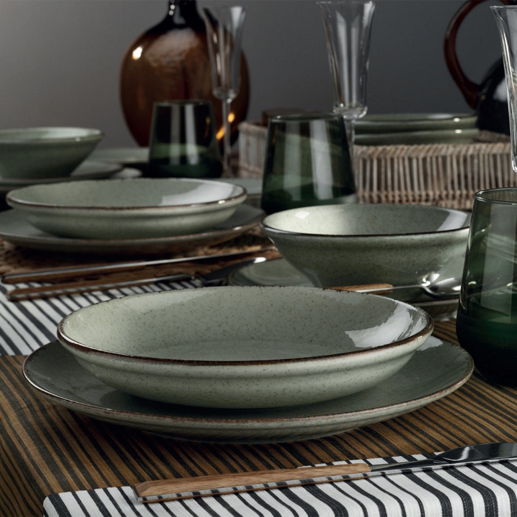 Juego de vajilla de porcelana – Verde oliva, 24 piezas, diseño rústico, para el comedor o para la mesa