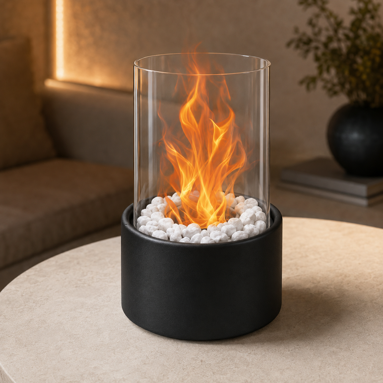 Tabletop Fireplace – Black metal with clear glass, modern and minimalist, for the living room or patio
