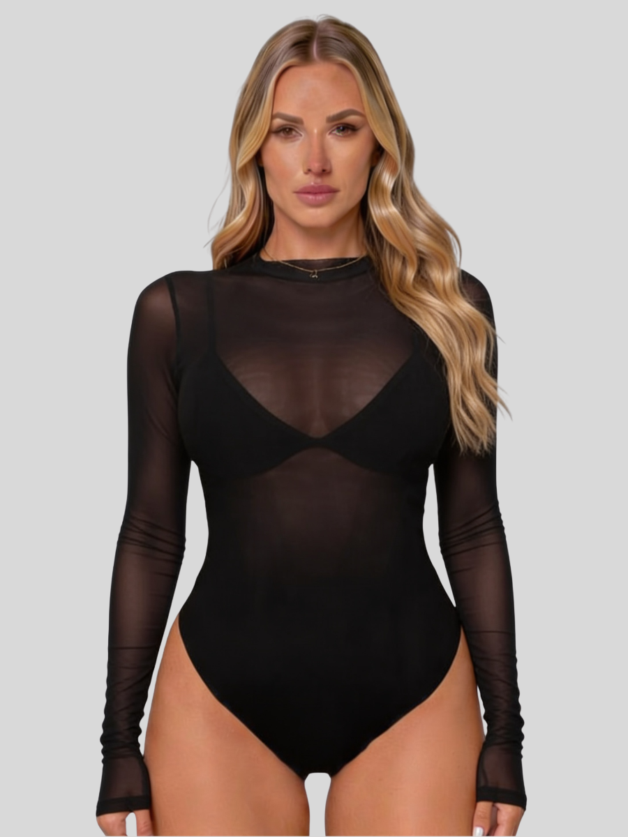 Body Femme en Résille Transparente Manches Longues et Col Montant