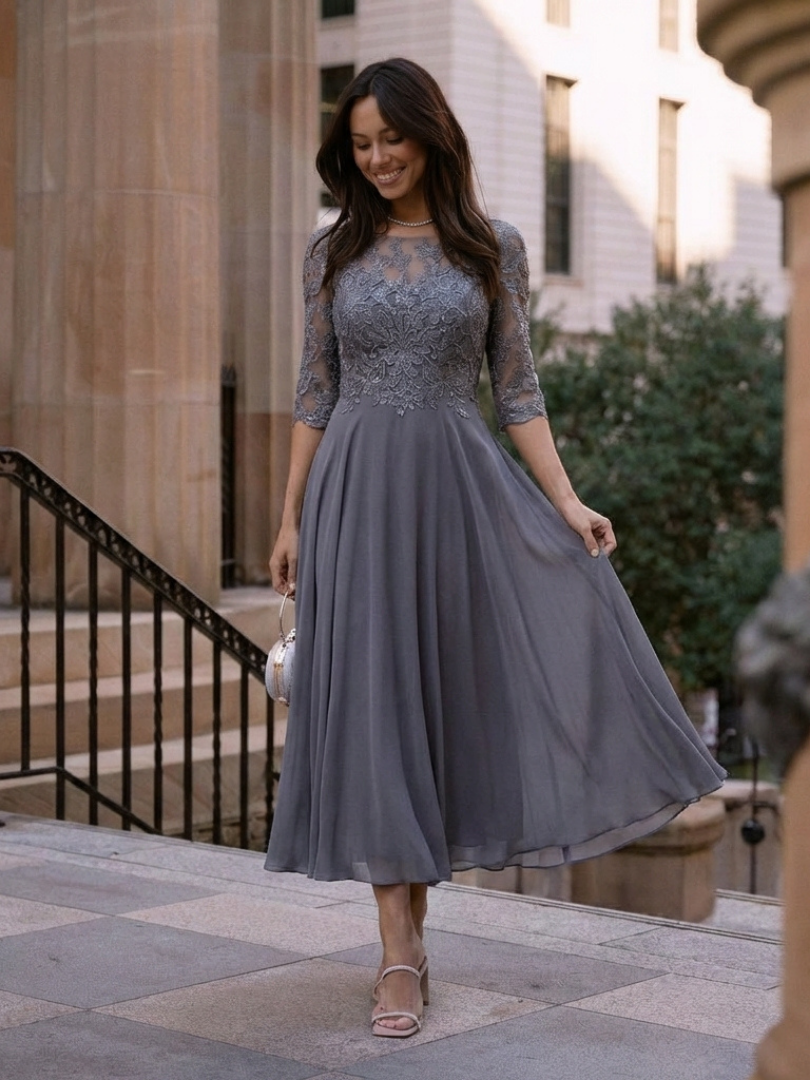 Robe Midi Femme Dentelle Manches Transparentes