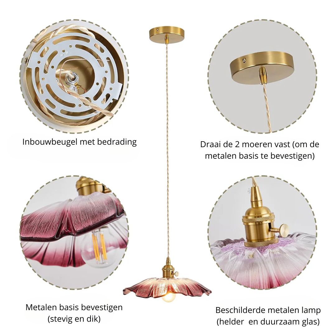 Flower-shaped pendant light – Deep red glass with a gold socket, perfect for the dining room or living room