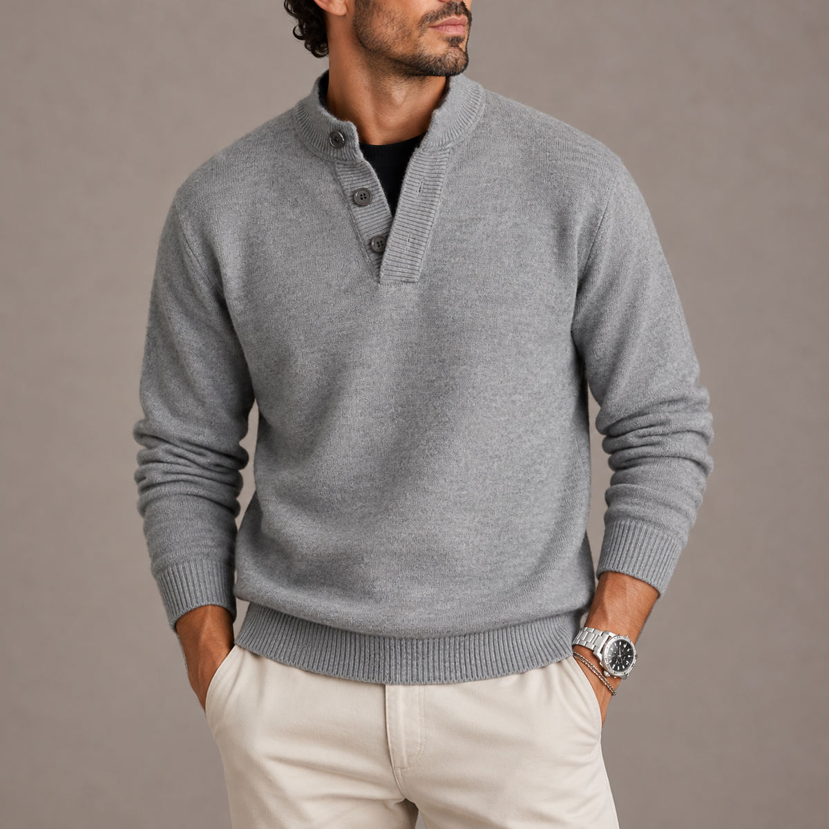 Pull Polo Homme Manches Longues en Maille Tricotée