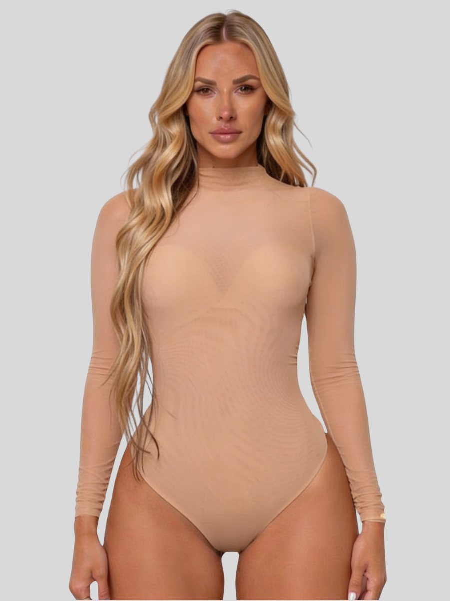 Body Femme en Résille Transparente Manches Longues et Col Montant