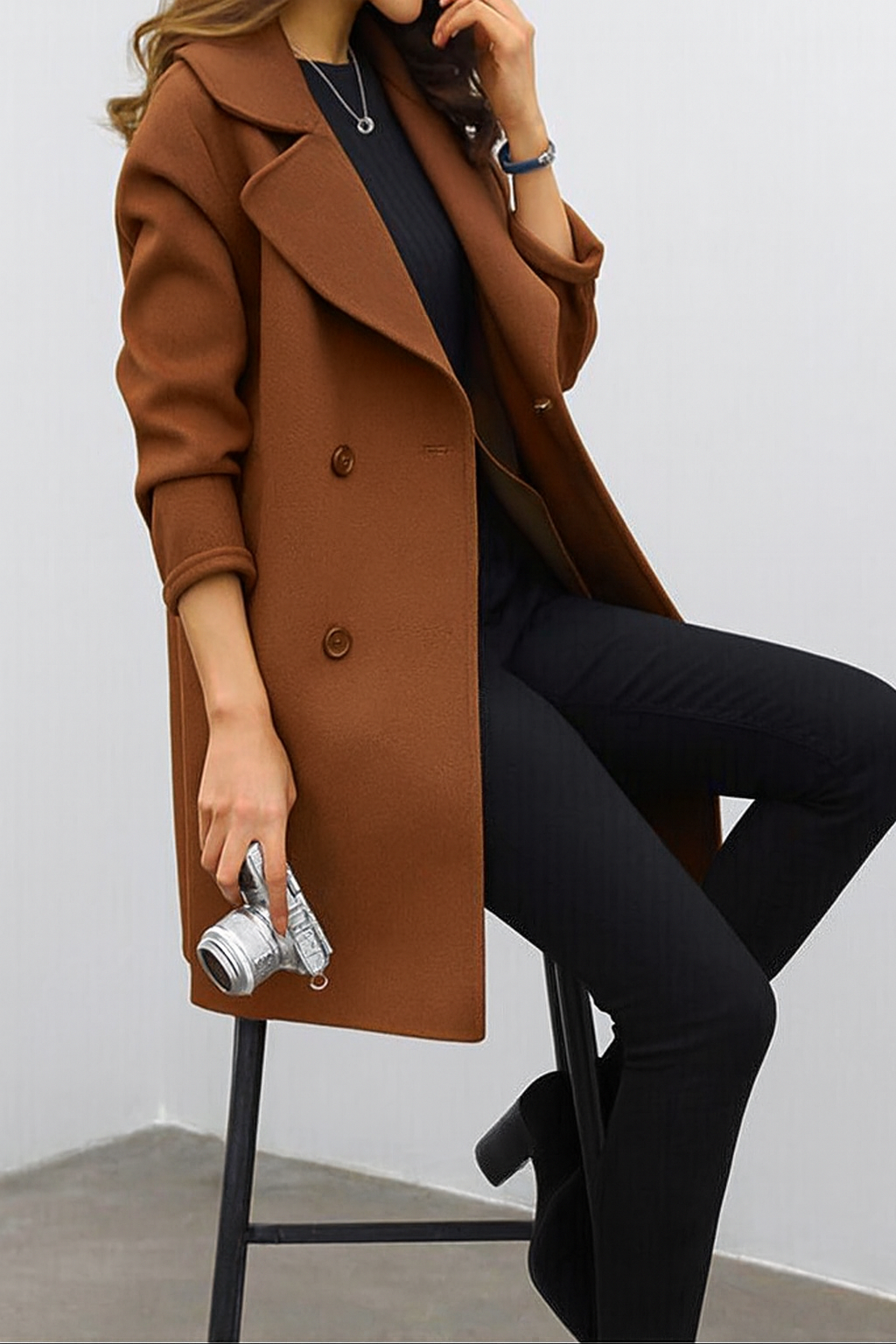 Manteau Femme Croisé en Mélange de Laine Structuré