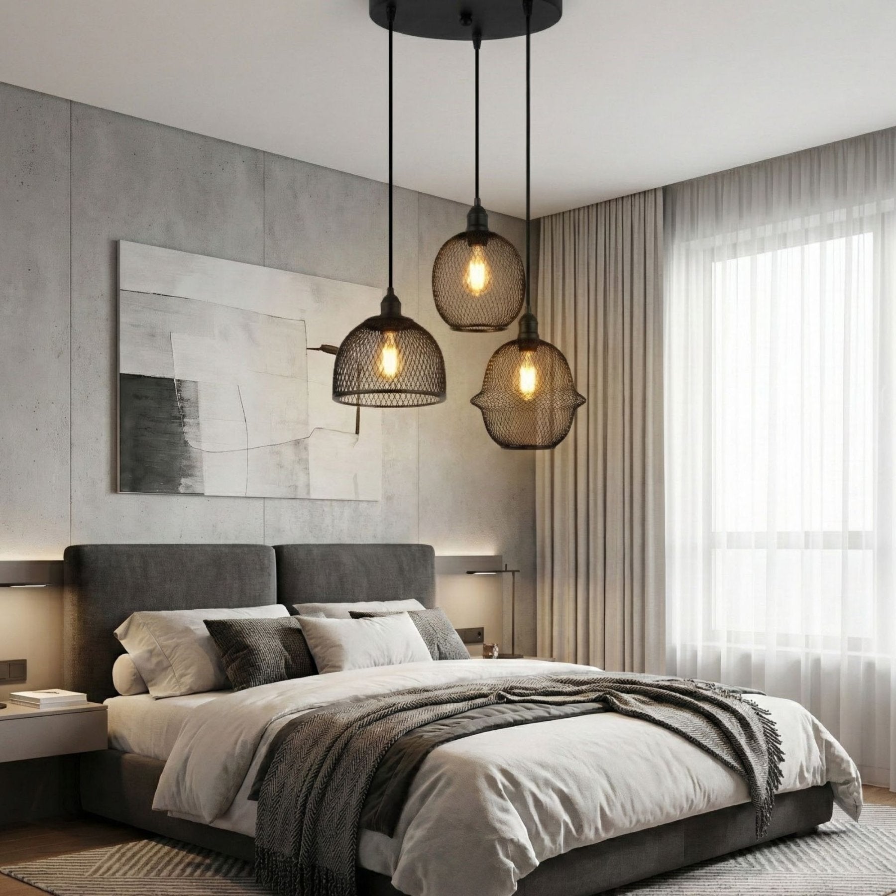 Pendant Light – Black Metal with Mesh Frame, 3-Light Design for the Living Room or Dining Room