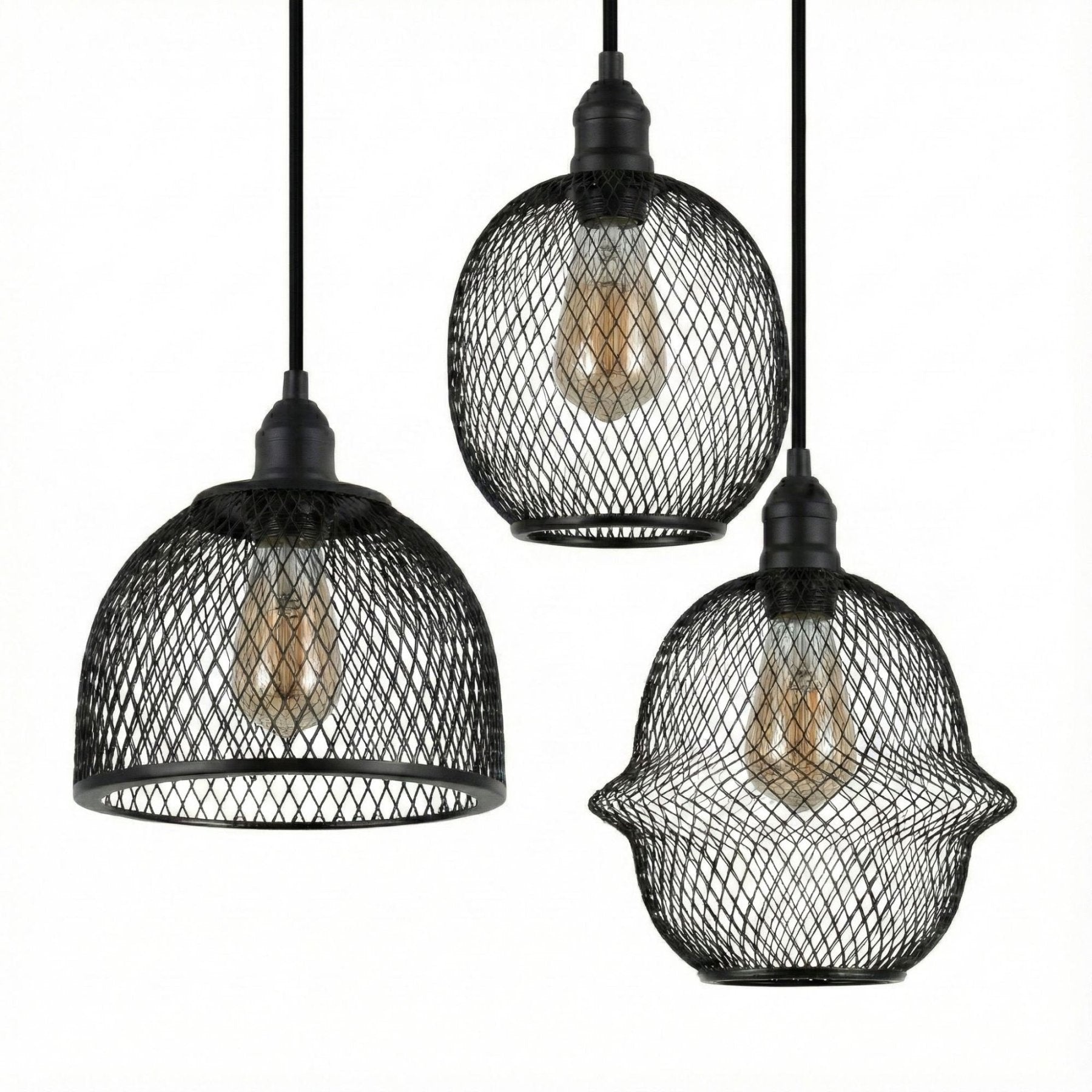 Pendant Light – Black Metal with Mesh Frame, 3-Light Design for the Living Room or Dining Room