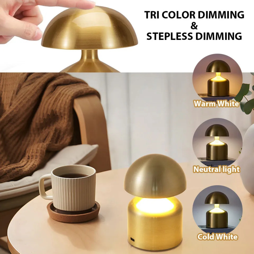 Lampe de table rechargeable – Forme champignon rétro, finition métallique pour salon ou chambre