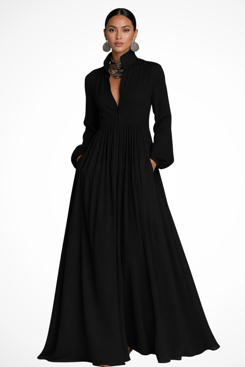 Robe Longue Femme Manches Longues Boutonnée avec Poches