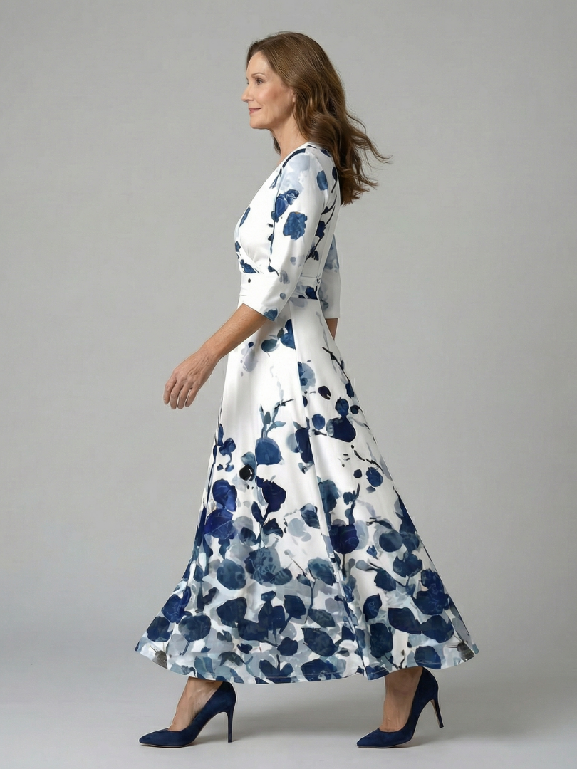 Robe Midi Cache-Cœur Fleurie Manches 3/4