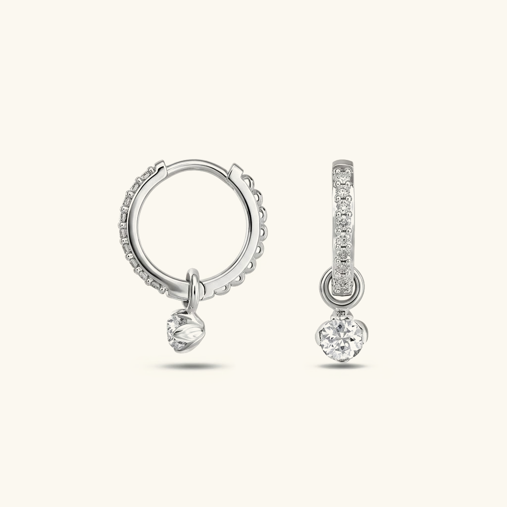 Boucles d'Oreilles Créoles Femme Plaquées Or avec Zircone et Breloque