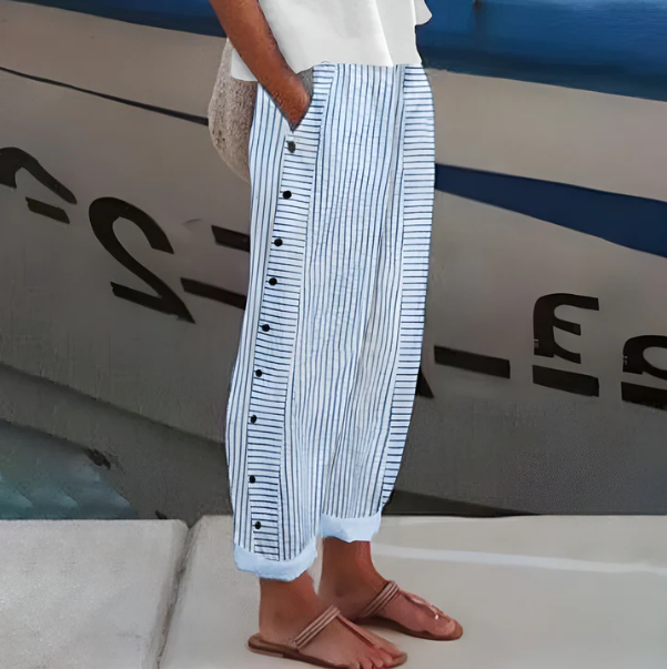Pantalon Femme Rayé Fluide Taille Haute