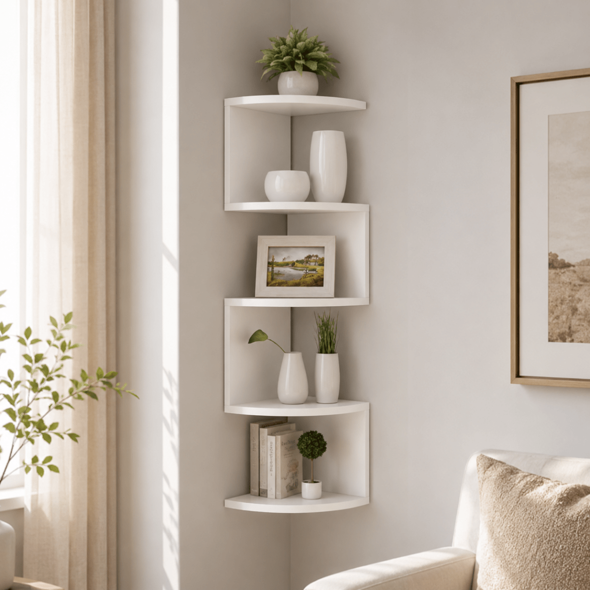 Étagère d'angle – MDF laqué noir, design moderne pour salon ou chambre