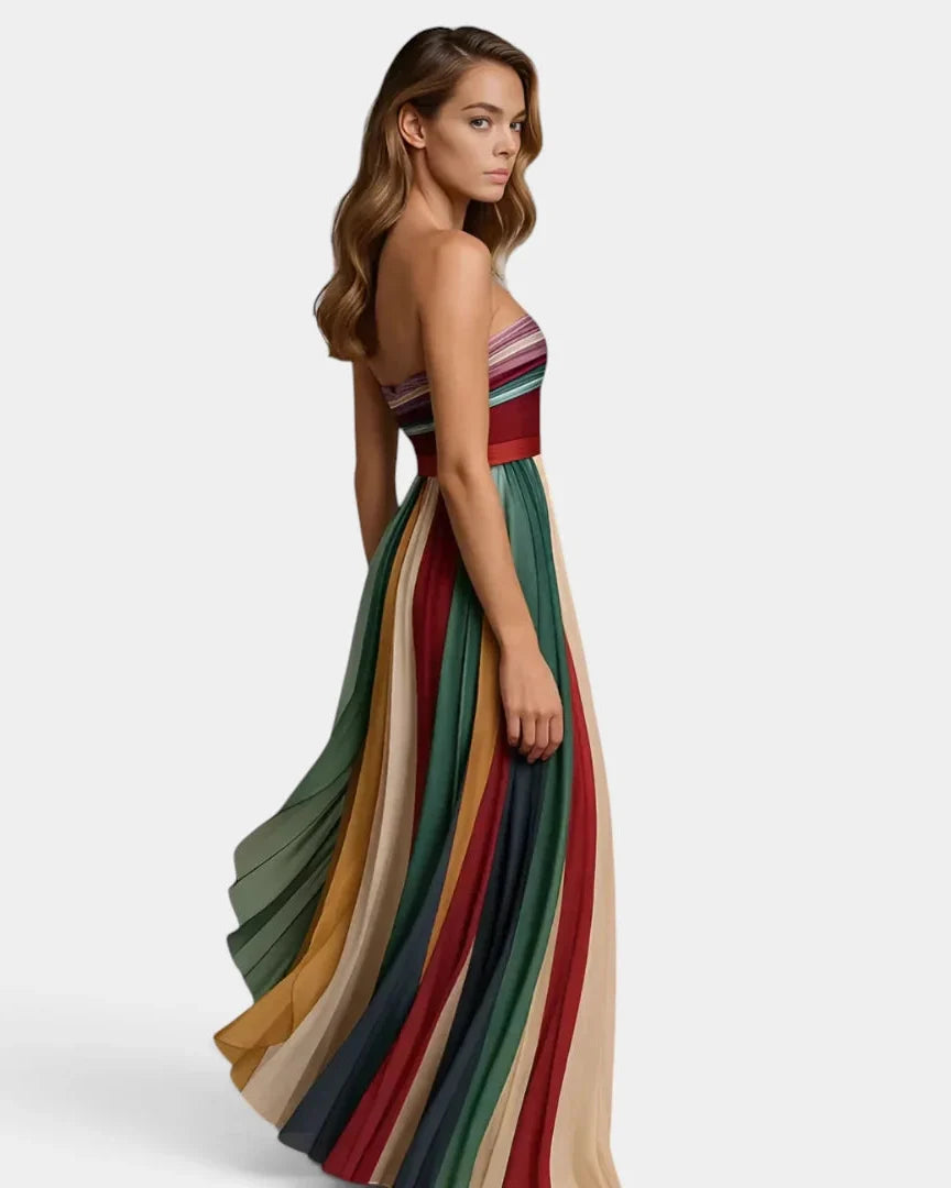 Robe Longue Femme Bustier Plissée Multicolore de Soirée