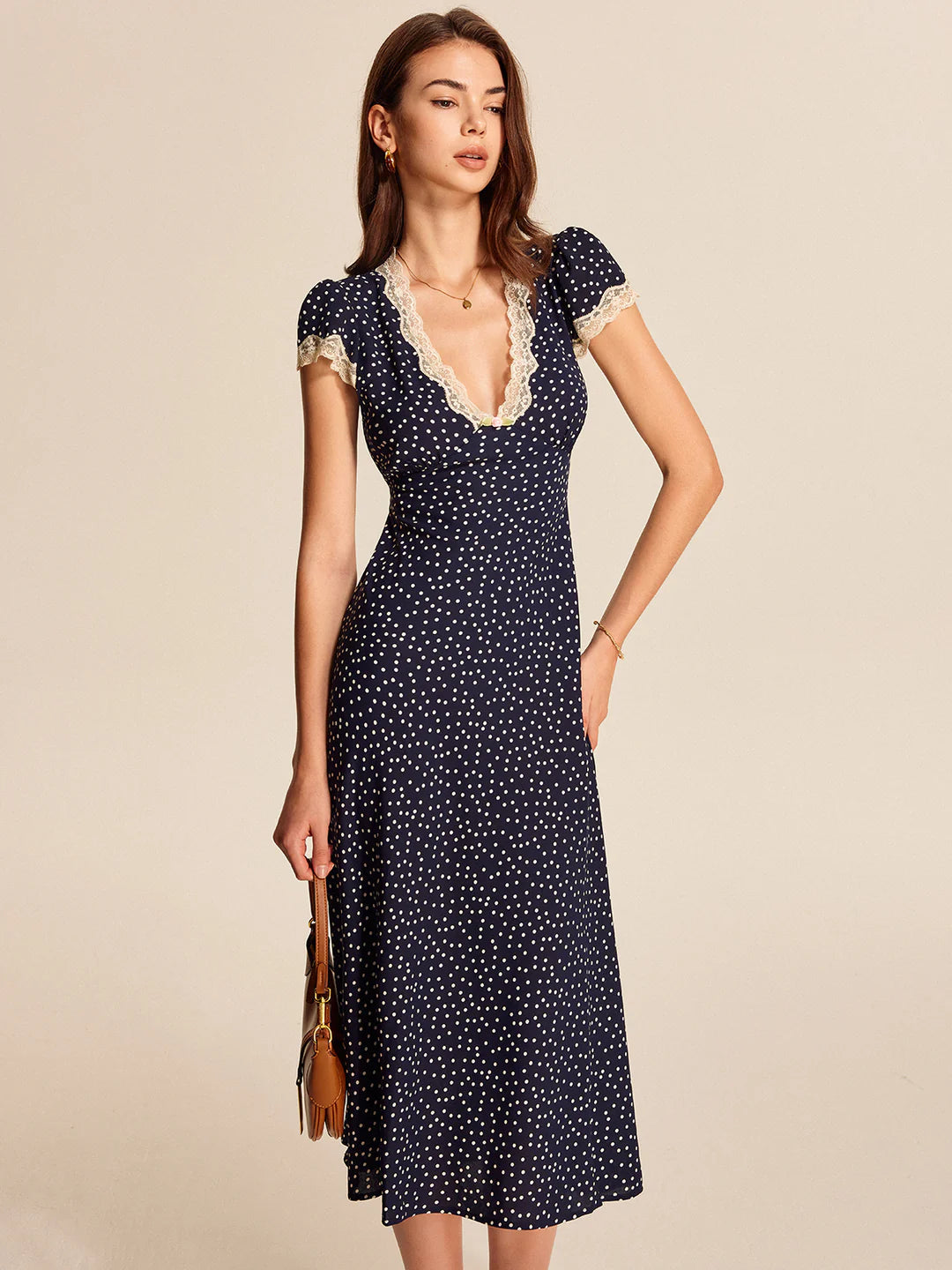 Robe Midi Femme à Pois, Col V Profond en Dentelle, Manches Courtes